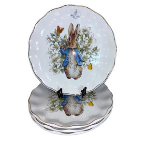 Peter Rabbit Dinner Plates Beatrix Potter Easter Set Of 4 Gold Scalloped 11" New